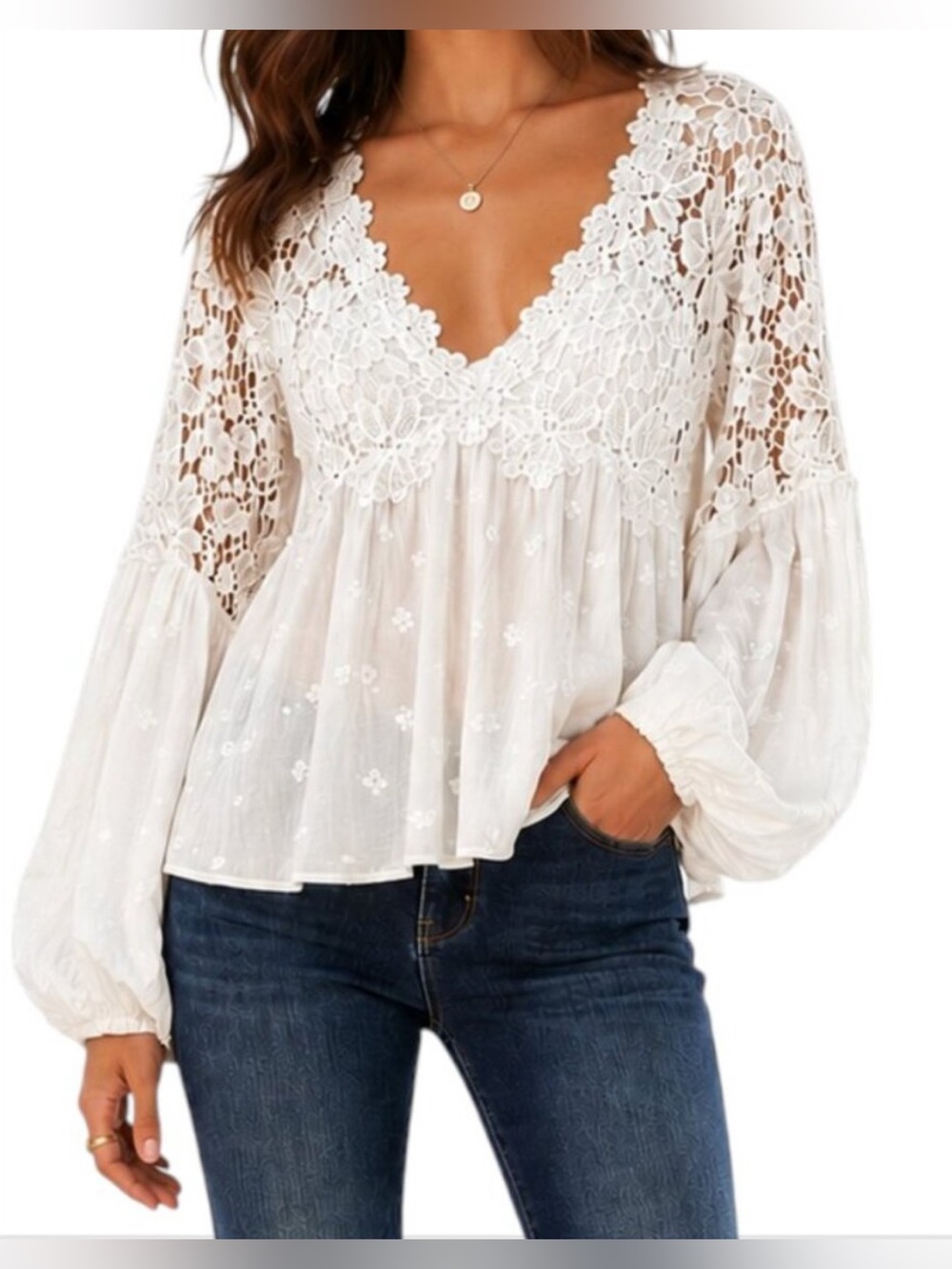 Free People Lina Lace Top Boho Flowy Long Sleeve Size Large